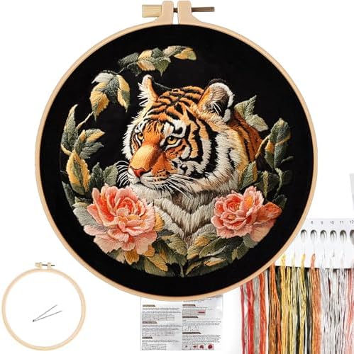 FONNUY Tiger Floral Embroidery Kit, Cross Stitch Kits for Beginners, Handmade Crafts with Printed Patterns for Beginner Adults, Easy to Follow Color Thread Needlework, 8'' Hoop by FONNUY