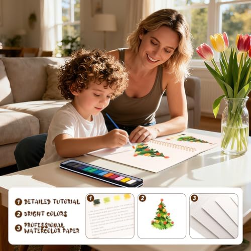 Watercolor Workbook for Adults, Beginner Friendly Watercolor Painting Kit Christmas Water Coloring Book, Nature-Themed Practice Art Gift Water Color Paint Book with Palette and Brush - Image 5