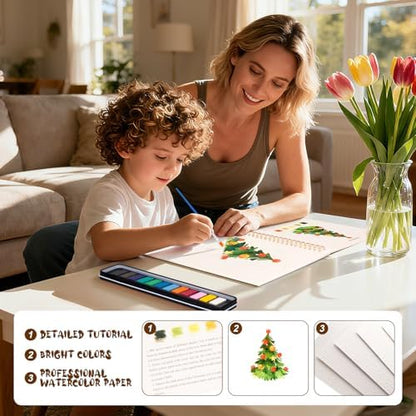 Watercolor Workbook for Adults, Beginner Friendly Watercolor Painting Kit Christmas Water Coloring Book, Nature-Themed Practice Art Gift Water Color Paint Book with Palette and Brush - Image 5