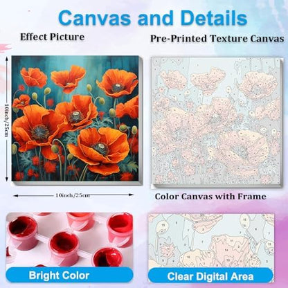 Artunion Framed Paint by Numbers Kit for Adults Beginners & Kids Ages 8-12,Red Poppy Paint by Number with Frame,Flower Adult Paint by Numbers Kit on Canvas 10 * 10 Inch Without Easel - Image 3