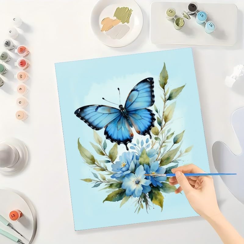 Nature Paint by Numbers Kit for Adults - DIY Blue Butterfly with Floral Bouquet Painting on Canvas 16x20 Inches, Acrylic Paint Set, Suitable for Beginners, Botanical Art for Home Decoration or Gifts - Image 3
