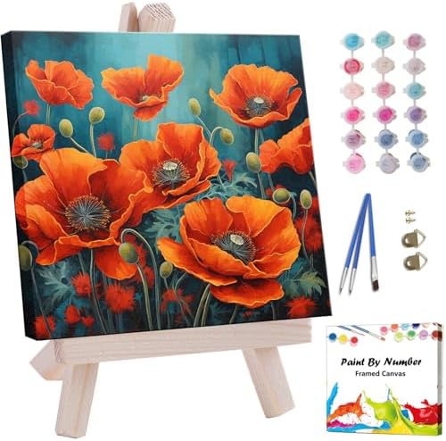 Artunion Framed Paint by Numbers Kit for Adults Beginners & Kids Ages 8-12,Red Poppy Paint by Number with Frame,Flower Adult Paint by Numbers Kit on Canvas 10 * 10 Inch Without Easel by ArtunionDriect
