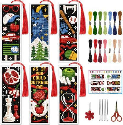 INFUNLY 6 Pack Cross Stitch Bookmark Kits Gothic Wolf Fruit Chess Pattern Embroidery Book Mark with Tassel DIY Counted Cross Stitch Supplies with Threads Needles Scissors for Book Lovers by INFUNLY
