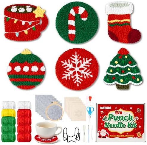 WATINC Christmas Punch Needle Coaster Kit - 23Pcs Easy Art Work Decor Craft Supply for Beginners, DIY Set of 6 Unique Pattern Tufted Pads with Adhesive Felt Yarn Tools Coaster Holder Instruction (Red) by WATINC