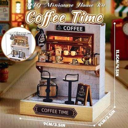 Kisoy Dollhouse Miniature with Furniture Kit, DIY 3D Wooden DIY House Kit with Dust Cover,Handmade Tiny House Toys for Teens Adults Gift (Coffee Time) - Image 2