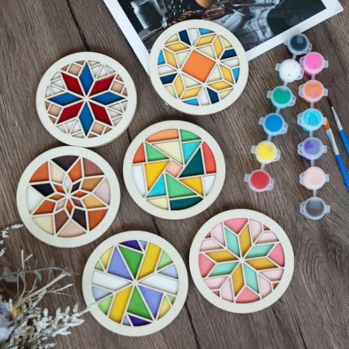 Temlum Wooden Coasters Painting Kit, Paint You Own Coaster Wooden Painting Craft Kit for Adults and Beginners Art Craft Supplies (Barn Quilt) - Image 6