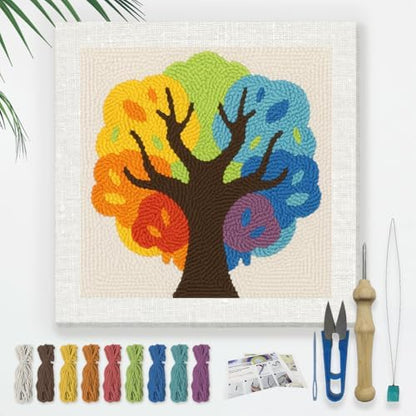 Doodlream Colorful Tree DIY Punch Needle Embroidery Kit for Adult Beginner, 9.4" Multicolored Tree Punch Stitching Craft Set for Starter with Frame, Fabric Pattern, Threader, Yarn, Pinch Needle by Doodlream