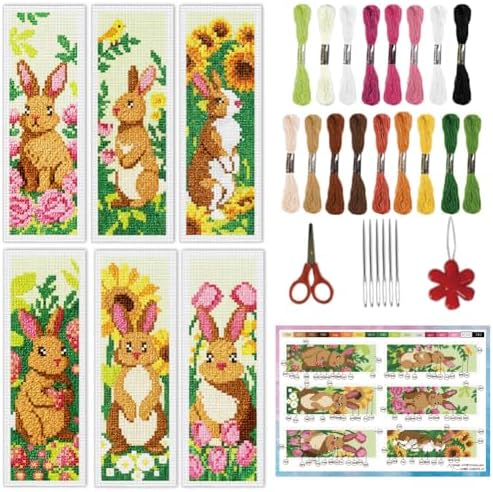 INFUNLY 6 Set Brown Rabbit DIY Cross Stitch Bookmark Kits for Adults Flowers Counted Cross Stitch Kit with Instructions Bunny Stamped Embroidery Bookmark Kit for Book Lovers Readers Gift by INFUNLY