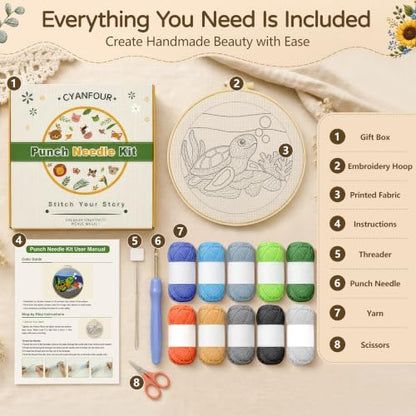 CYANFOUR Punch Needle Kit for Beginners, Sea Turtle Punch Needle Kits Adults, Craft Kits for Adults with 2 Pre-Printed Fabrics, Embroidery Hoop, Threads, DIY Gift and Home Decor 20 * 20cm - Image 2