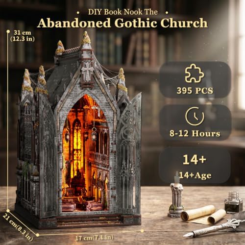 fifijoy Book Nook Kit - Abandoned Gothic Church DIY Miniature Dollhouse kit with LED Light for Adults, 3D Wooden Puzzle Model Tiny House Bookshelf Insert Decor, Gifts for Family, Friends - Image 6