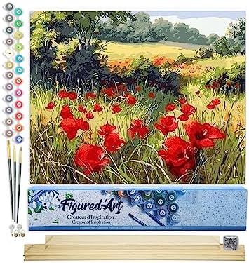 Figured'Art Paint by Numbers Kit for Adults Field of Poppies in The Countryside 16"x20" - Craft Art Painting Rolled Canvas with DIY Wooden Frame by FiguredArt