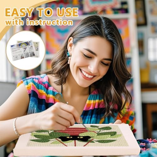 DOODLREAM Hanging Pothos Plant Cat Needle Kit for Beginner, 9.4"x 9.4" Boho Houseplant Punch Stitching Craft Set, DIY Embroidery Starter with Printed Frame, Instruction, Threader, Yarn, Punch Needle - Image 3