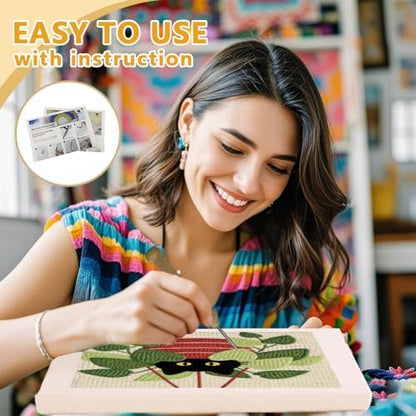 DOODLREAM Hanging Pothos Plant Cat Needle Kit for Beginner, 9.4"x 9.4" Boho Houseplant Punch Stitching Craft Set, DIY Embroidery Starter with Printed Frame, Instruction, Threader, Yarn, Punch Needle - Image 3
