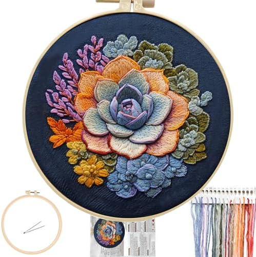 FONNUY Succulents Embroidery Kit for Beginners, Stamped Embroidery Patterns Kits for Adults with Hoop, Easy to Follow Color Thread Needlework, 8'' Hoop (Blooms Boldly) by FONNUY