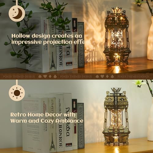 FUNPOLA LED 3D Wood Puzzle Poker World Projector Lamp – DIY Craft Kit with LED Lights and Music Box – Creative Poker-Themed Lamp, Nightlight Gift for Home Décor (White Maple) - Image 6
