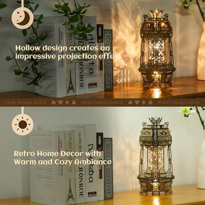 FUNPOLA LED 3D Wood Puzzle Poker World Projector Lamp – DIY Craft Kit with LED Lights and Music Box – Creative Poker-Themed Lamp, Nightlight Gift for Home Décor (White Maple) - Image 6