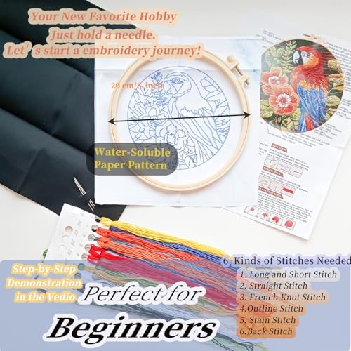 FONNUY Embroidery Kit for Beginners, Birds with Flowers Pre-Stamped Pattern Kits for Adults with Hoop, Easy to Follow Color Thread Needlework, 8'' Hoop (Red Parrot) - Image 5