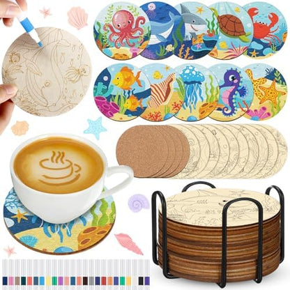 Reallnaive 45 Pcs Ocean Wooden Coasters Painting Kit, 4 Inch Paint Your Own Boho Coasters with Markers, Arts and Crafts for Adults Women Seniors Elderly Crafters Gifts by Reallnaive