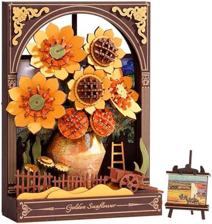 3D Wooden Puzzles for Adults - Van Gogh Golden Sunflower DIY Model Building Kits with LED Light - Gifts for Mothers Day - Home Decor, Wall Art & Unique Creative Gifts for Art Lovers/Men/Women by Wowood