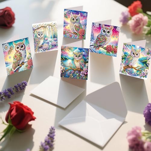 6pcs Owl Flowers Diamond Art Painting Greeting Cards Kit with Envelopes, 5D DIY Special Shaped Card Making Kits for Adults, Holiday Birthday Postcards, Creative Craft Gifts - Image 5