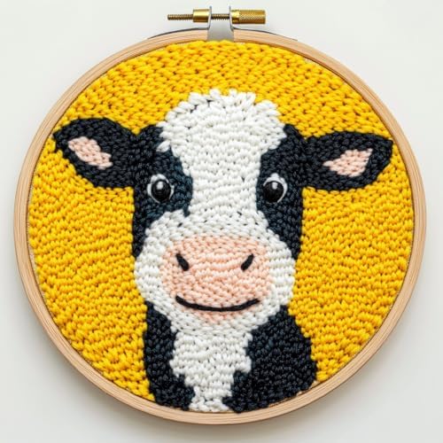 DIY Punch Needle Kits Cartoon Cute Dairy Cow with Hoop 20x20cm-2 by Unknown