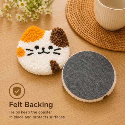 HGUANGJ Punch Needle Kit for Beginners Adults, Cat Coasters Kit with Adhesive Felt, Yarns, Embroidery Hoop for DIY Craft - Image 4