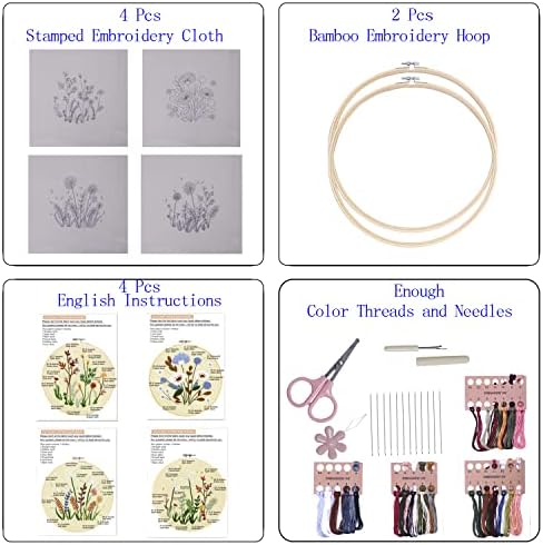 Bonroy 4 Sets Embroidery Set for Beginners, Art Craft, Easy Sewing Embroidery Kit Includes Embroidered Clothes with Patterns, Embroidery Hoops, Instruction Manual, Colorful Stitch Set (2 Most) - Image 2
