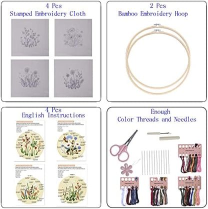 Bonroy 4 Sets Embroidery Set for Beginners, Art Craft, Easy Sewing Embroidery Kit Includes Embroidered Clothes with Patterns, Embroidery Hoops, Instruction Manual, Colorful Stitch Set (2 Most) - Image 2