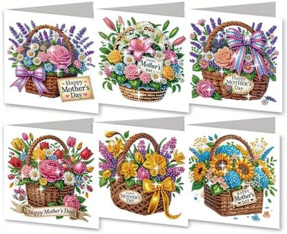 6Pcs Mother's Day Greeting Card DIY Diamond Art Painting Greeting Cards Special Shaped Diamond Blessing Folding Card Kit Arts Crafts for Holiday Festival-Flower Basket by BAYUNOESparkDiamondCraft