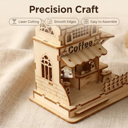 3D Wooden Puzzle Coffee Shop Model Kit - DIY Miniature House Building Set for Adults & Teens, Laser Cut Wood Craft Kit, Educational Hobby Gift for Coffee Lovers, Home Desk Decor - Image 4