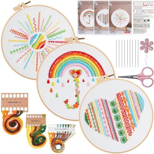 Konrisa Easy Embroidery Kit for Beginners Stamped Embroidery Starter Kit DIY Sewing Needlepoint Cross Stitch for Adults, Stitch Practice Kit 3 Embroidery Fabric Pattern by Konrisa