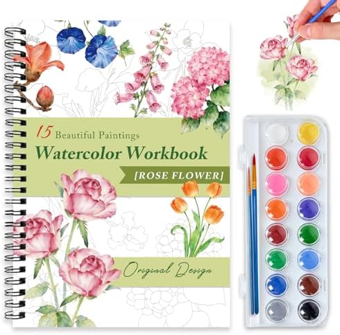 Watercolor Workbooks for Adults Beginners & Teens, 16 Colors 15 Beautiful Paintings, Pre-Outlined Designs, Easy Watercolor Art Book（Rose Flowers） by Terself