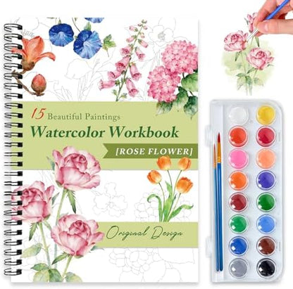 Watercolor Workbooks for Adults Beginners & Teens, 16 Colors 15 Beautiful Paintings, Pre-Outlined Designs, Easy Watercolor Art Book（Rose Flowers） by Terself