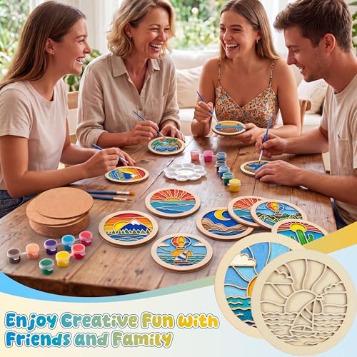 Dispowreath 12 Pcs Wooden Coasters Painting Kit Paint You Own Coaster Wooden Painting Craft Kit with Acrylic Paints and Brush for Adults and Beginners Coasters Landscape Crafts Art Supplies - Image 6