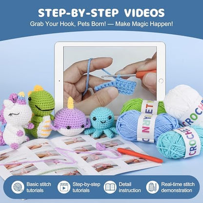 MINGOMINGO Crochet Kit for Beginners Kids - 6 Animal Amigurumi, Mother's Day Birthday Craft Gift Set, Step-by-Step Video Tutorials, 40%+ Yarn, Knitting Starter Kit for Girls Women Adults - Image 3