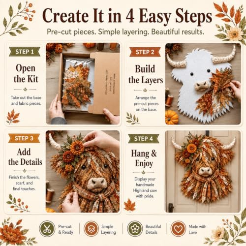 Birth Flower Highland Cow 3D Layered Fabric Art DIY Kit for Adults (T1PC) - Image 4