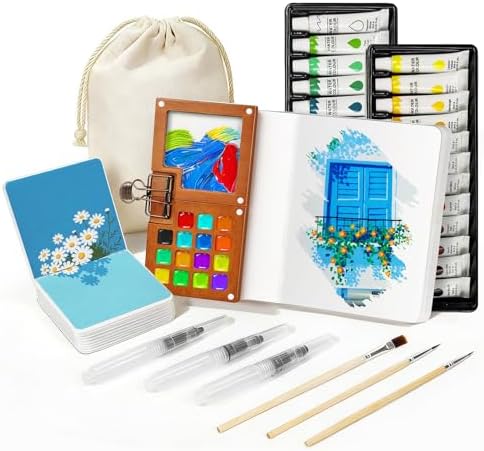 24 Colors Pocket Mini Watercolor Paint Set Walnut Wood Palette Kit by Unknown