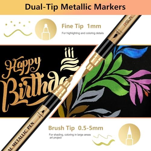 12 Colors Dual Tip Metallic Acrylic Paint Marker pens with Brush & Fine - Image 2