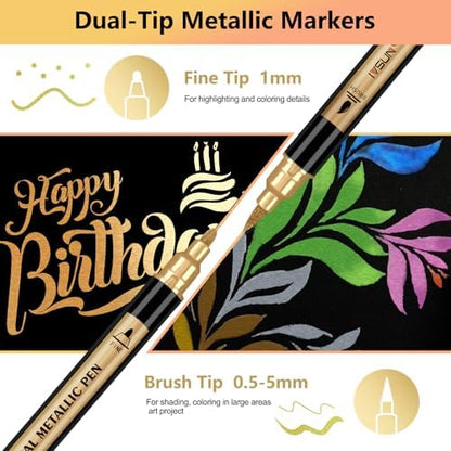 12 Colors Dual Tip Metallic Acrylic Paint Marker pens with Brush & Fine - Image 2