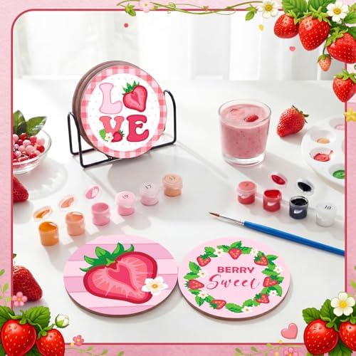 Reallnaive 8 Pcs Strawberry Paint by Numbers Kit for Adults Wooden Coasters - Image 6