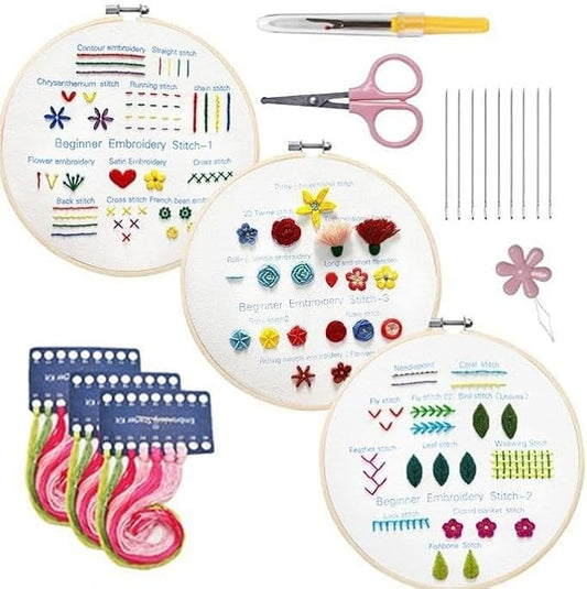 Embroidery Kit for Adult Beginners, 3-Pack Practice Samplers, Pre-Stamped Patterns, 7.8-Inch Hoop, Threads & Needles, Step Guide and Video, DIY Needlework Craft Gift for Women (Grass Needlework)