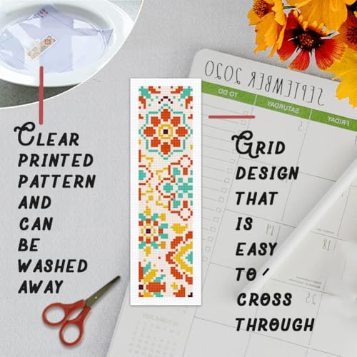 BEUNITONE 6 Pcs Mandala Cross Stitch Bookmark Kits for Beginners DIY Stamped Embroidery Bookmark Kit Colorful Floral Punch Needle Set with Instructions Craft Kit for Book Lover Gifts 8''x2.4'' - Image 3