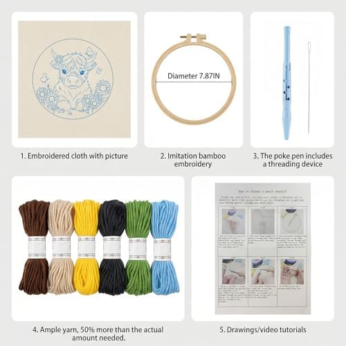 ZMHKJZDQ Punch Needle Kits for Beginners,DIY Punch Needle Embroidery with Fabric, Hoops, Yarns and Sewing Needles for Adults Children Festival Gift and Home Decor, 20x20cm (Sunflower Highland Cow) - Image 3