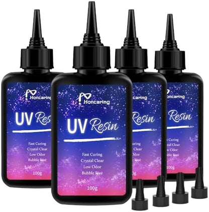 Honcaring UV Resin 400g, Hard Type Clear Beginner-Friendly Kit, Upgraded Formula & Crystal Clear for Jewlery Making, 100g*4 Resin UV Kit with for Earring, Pendant, DIY by Honcaring