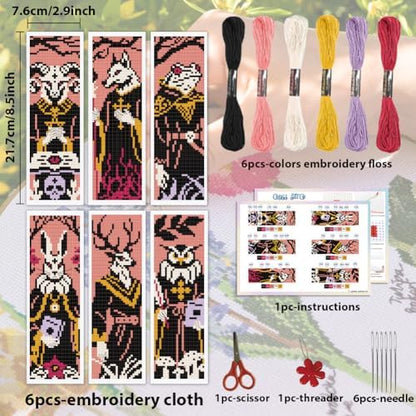 ACRNIGHEET 6PCS Cross Stitch Bookmark Kit for Beginner Stamped Cross Stitch Kits for Adults Gothic Animals DIY Embroidery Bookmark Kits Needlepoint Kit with Instructions Hand Craft Gift 8.5''x3'' 11CT - Image 2