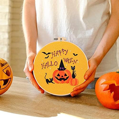 Santune 4-Pack Halloween Embroidery Kit Cross Stitch Kits for Beginners DIY Needlepoint Kit with 4 Embroidery Clothes Featuring Pumpkin Patterns,2 Hoops,Color Threads,Needles - Image 7