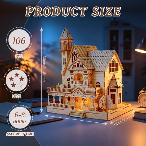 3D Wooden Puzzle for Adult, DIY Countryside Cottage Model Kit w/Spark Light - Image 2