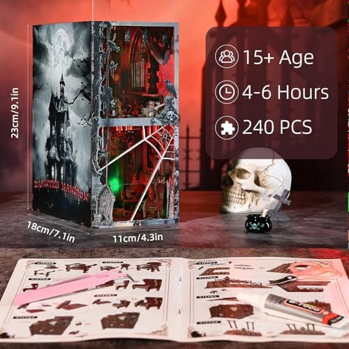 Haunted Book Nook Kit, DIY Miniature House Kit 3D Puzzles for Adults, Halloween 3D Puzzle, Bookshelf Decor Gifts for Family, Friends (Haunted Mansion) - Image 2