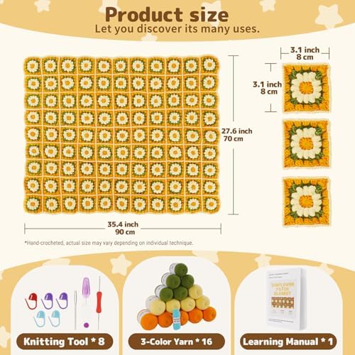 WILSHIN Blanket Crochet Kit for Beginners - Granny Squares Crochet Kit with Soft Yarns, Step-by-Step Tutorials & Detailed Instructions, Easy Craft Gift for Adults (Yellow Sunflower) - Image 5