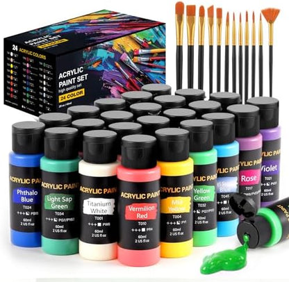 TMOL Acrylic Paint Set, 24 Colors (2 oz/Bottle) with 12 Art Brushes, Art Supplies for Painting Canvas, Wood, Ceramic & Fabric, Rich Pigments Lasting Quality for Beginners, Professional by TMOLARTSUPPLIES